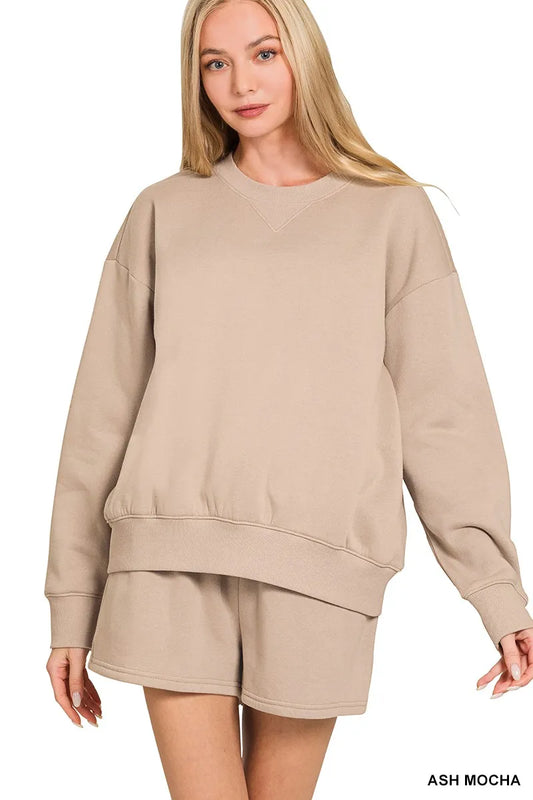 Zenana fleece long sleeve sweatshirt and shorts set in cozy fabric, perfect for casual wear and lounging.