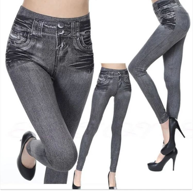 Alvionz denim leggings in dark wash, fitted stretch fabric, shown on a model with casual styling and ankle-length cut.