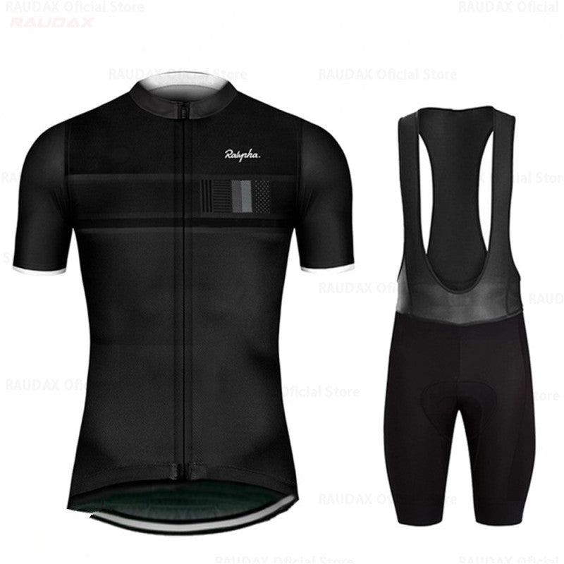 Men's cycling clothing set by Agate, including a breathable bicycle jersey and matching shorts for comfortable riding.