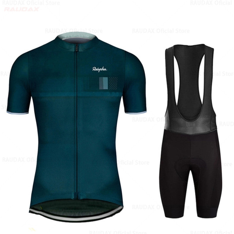 Men's cycling clothing set by Agate, breathable bicycle jersey and shorts for comfortable riding.