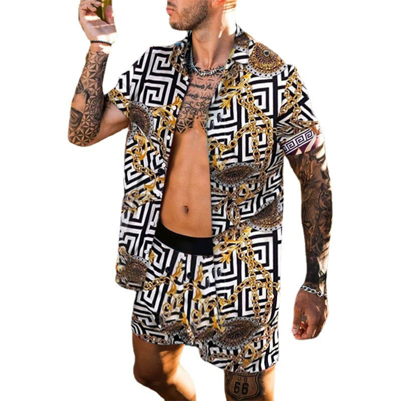 Men's summer Hawaiian sets by Agate, featuring printed, breathable fabric in vibrant tropical patterns on a male model.