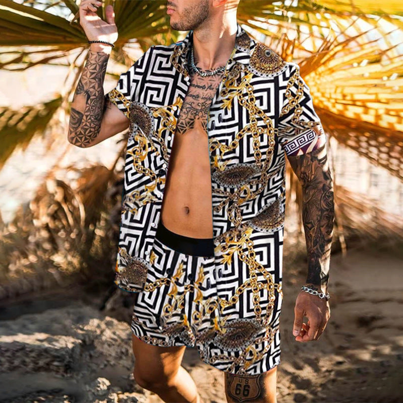 Men's summer Hawaiian set by Agate featuring printed, breathable fabric with short sleeve shirt and matching shorts.