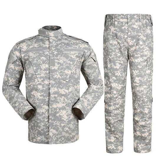 Men's 10-color camouflage uniform set by Agate featuring wood pattern designs, military style, in stock for wholesale purchase.