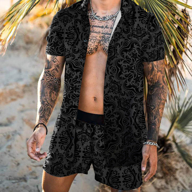 Agate men's floral beach shirt and two-piece suit set, new fashion summer clothing with vibrant floral pattern.