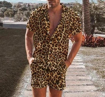 Men's summer wear set by Agate featuring leopard print lapel short sleeve shirt and matching shorts, casual and stylish.