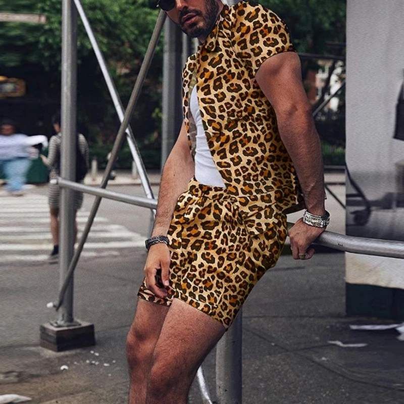 Men's summer wear set by Agate featuring leopard print lapel short sleeve shirt and matching shorts, stylish and comfortable for warm weather.