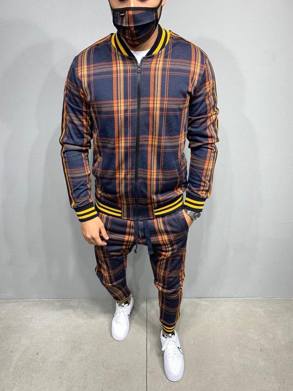 Men's Agate leisure suit set with grid pattern, two-piece tracksuit for casual wear, featuring a jacket and matching pants.