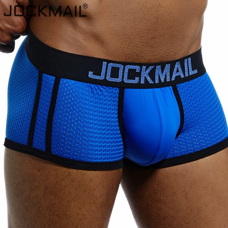 Men's Agate JOCKMAIL boxer underwear, black and gray fabric, snug fit, seamless design, shown on a model.