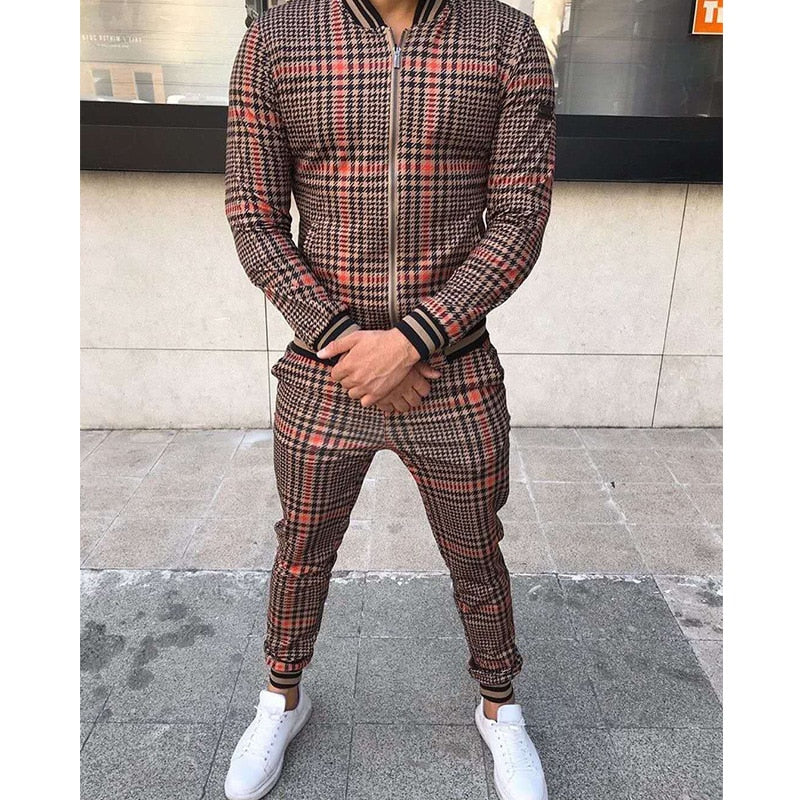 Men's Agate leisure suit with grid design, two-piece tracksuit for casual wear, featuring a comfortable fit and stylish look.