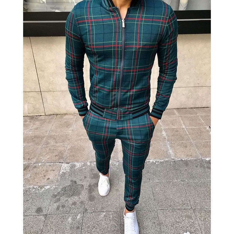 Men's Agate leisure tracksuit set with grid pattern, two-piece sportswear for casual and active wear.