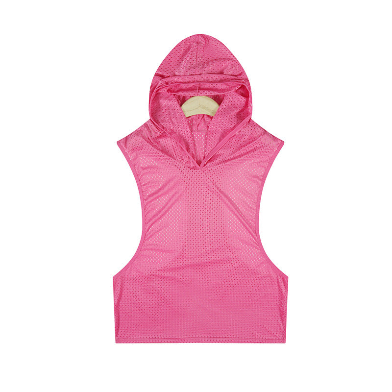 Solid color mesh hooded men's vest from Agate, featuring a lightweight design and adjustable hood for a casual men's set.