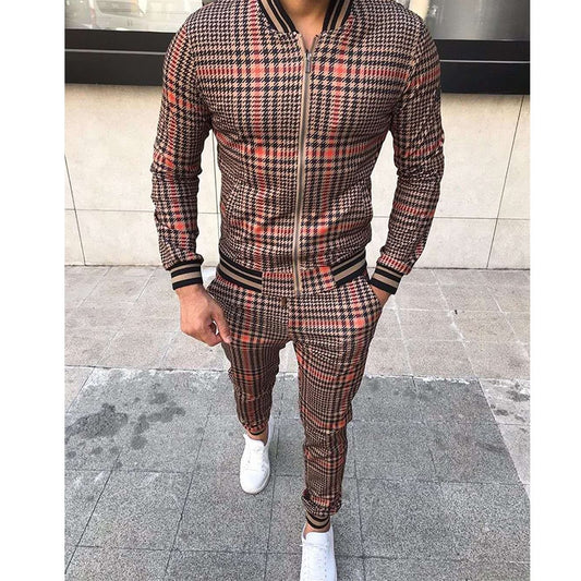 Men's Agate leisure tracksuit set with a grid pattern, two-piece casual sportswear for men, comfortable and stylish.
