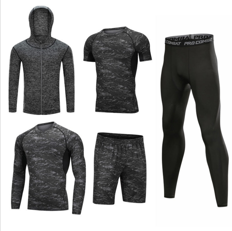 Men's Agate sportswear including a moisture-wicking athletic shirt and running shorts, designed for active sports and workouts.