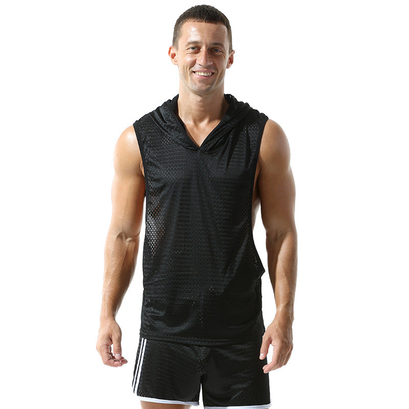 Agate men's solid color mesh hooded vest, part of men's sets, with lightweight fabric and adjustable hood design.