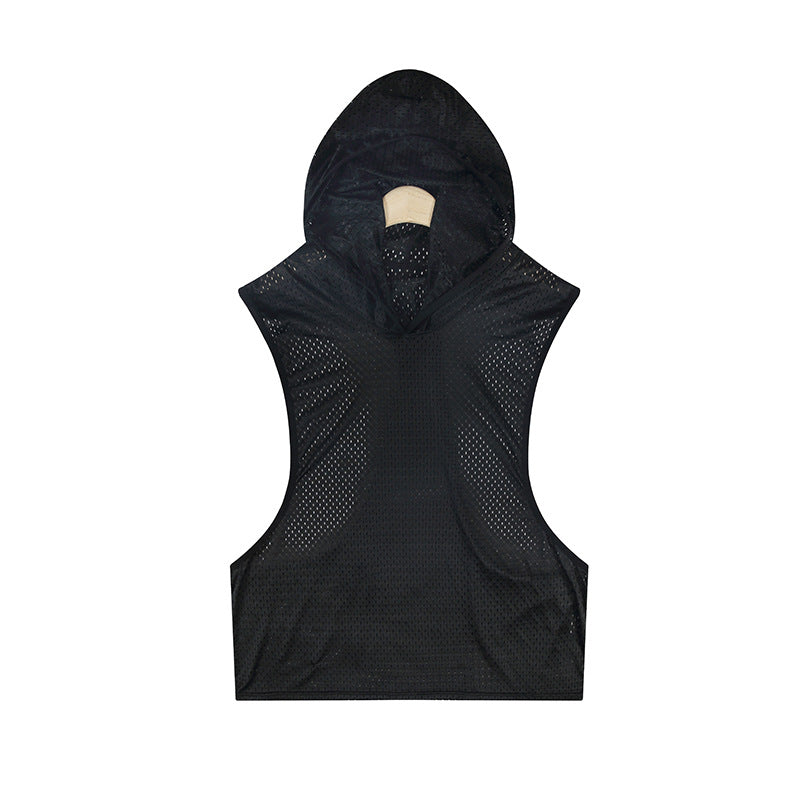 Solid color mesh hooded men's vest from Agate men's sets, featuring a lightweight sleeveless design with a front zipper.