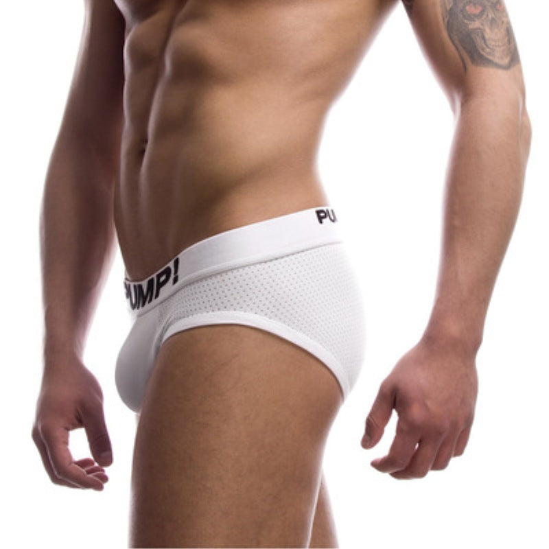 Black and white men's cotton mesh briefs by Agate, showcasing breathable underwear with a snug fit and comfortable waistband.
