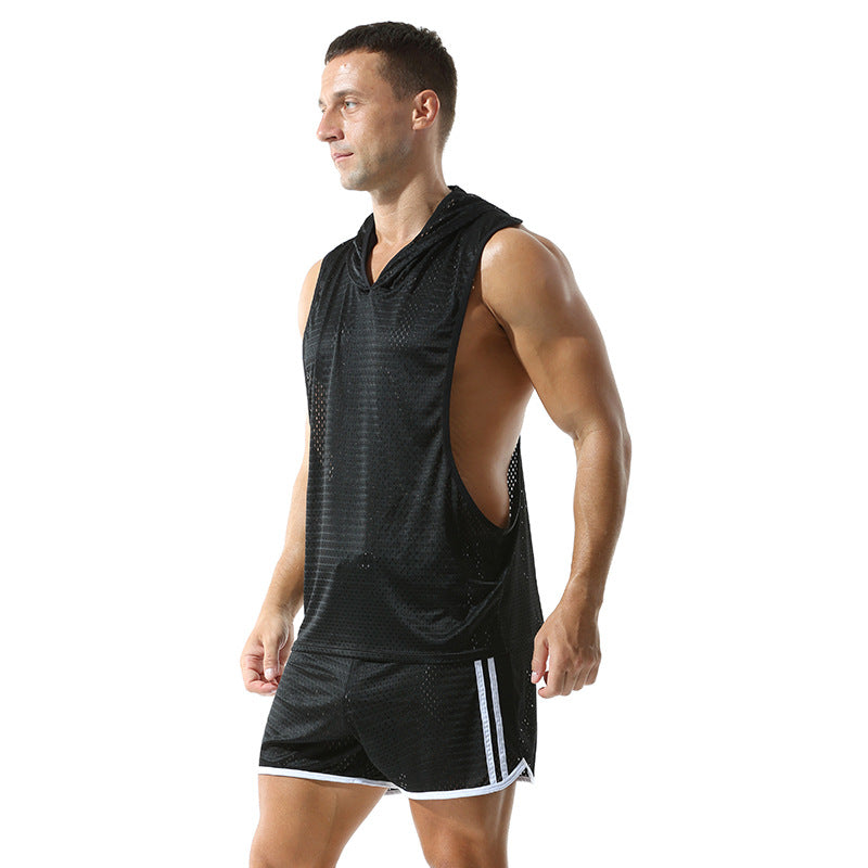 Solid color mesh hooded men's vest from Agate, part of men's sets, featuring a lightweight sleeveless design with a front zipper.