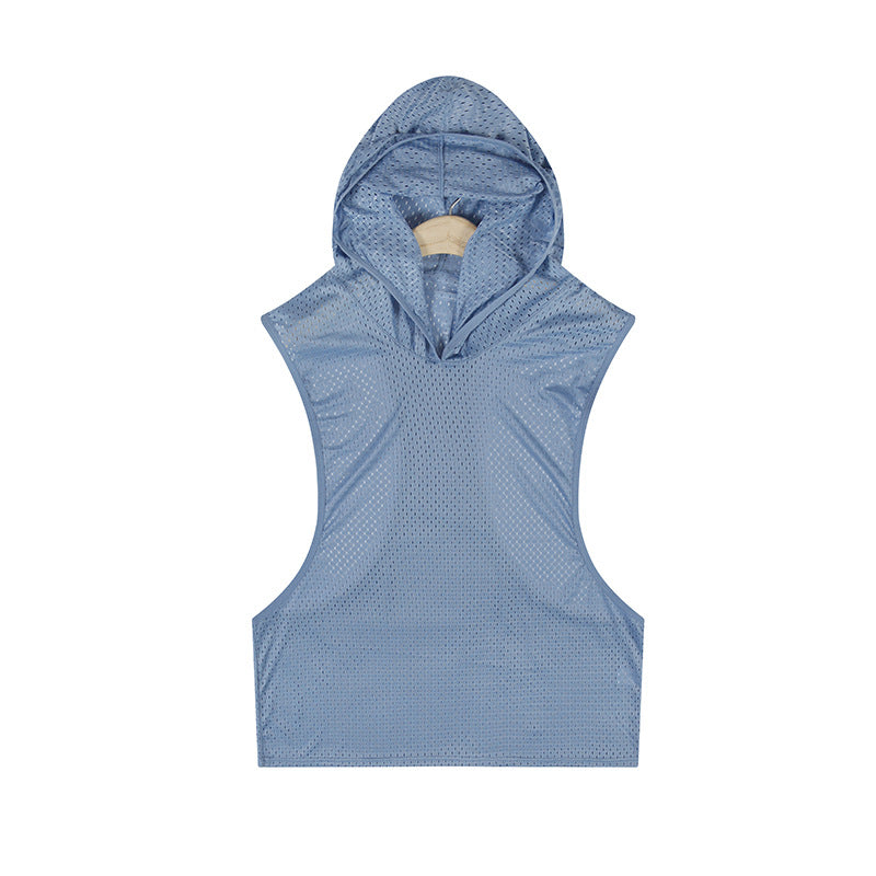 Agate men's solid color mesh hooded vest from men's sets collection, featuring a lightweight design and adjustable hood.