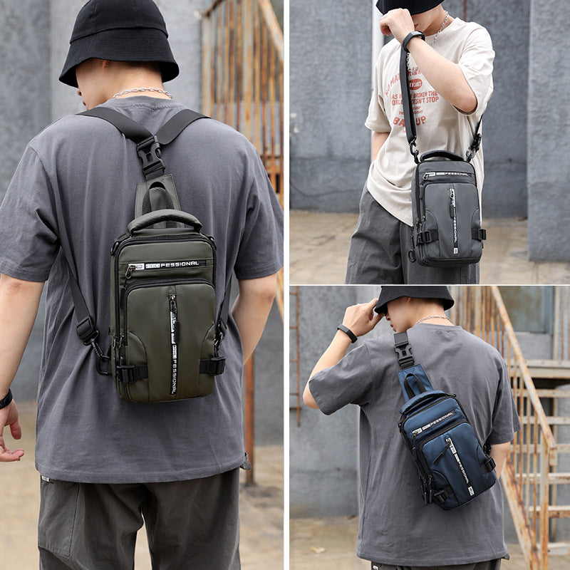 Agate army green multifunctional crossbody bag for men, featuring shoulder and chest bag styles with multiple compartments.