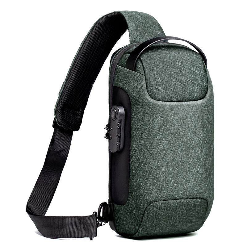 Army green men's chest bag by Agate featuring anti-theft design, messenger style, and shoulder strap for secure carrying.