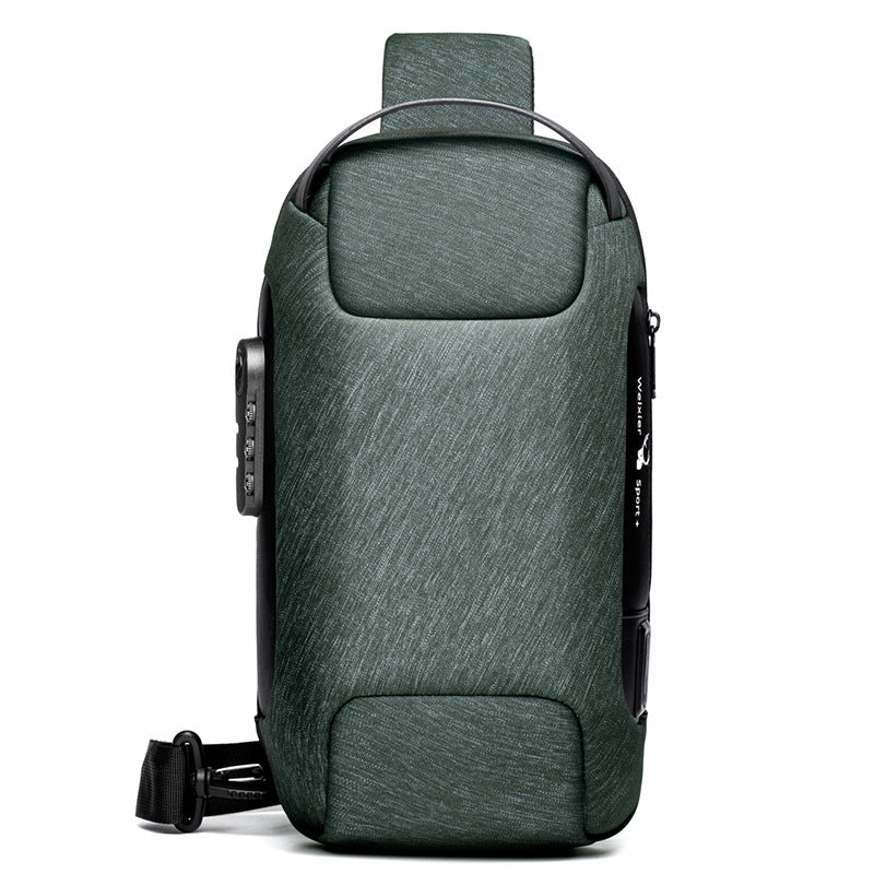 Army green Agate men's chest bag with anti-theft design, messenger style, shoulder strap, compact pack for everyday use.