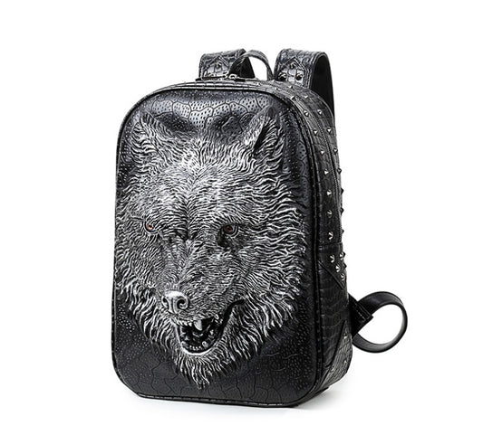 Black Agate 3D wolf head student backpack with shoulder straps, Korean edition, suitable for men and women.