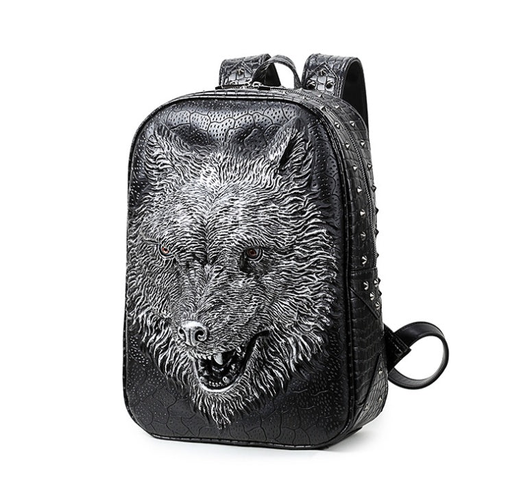 Black 3D wolf head student backpack by Agate, featuring a Korean edition design, shoulder straps, and spacious interior for men and women.