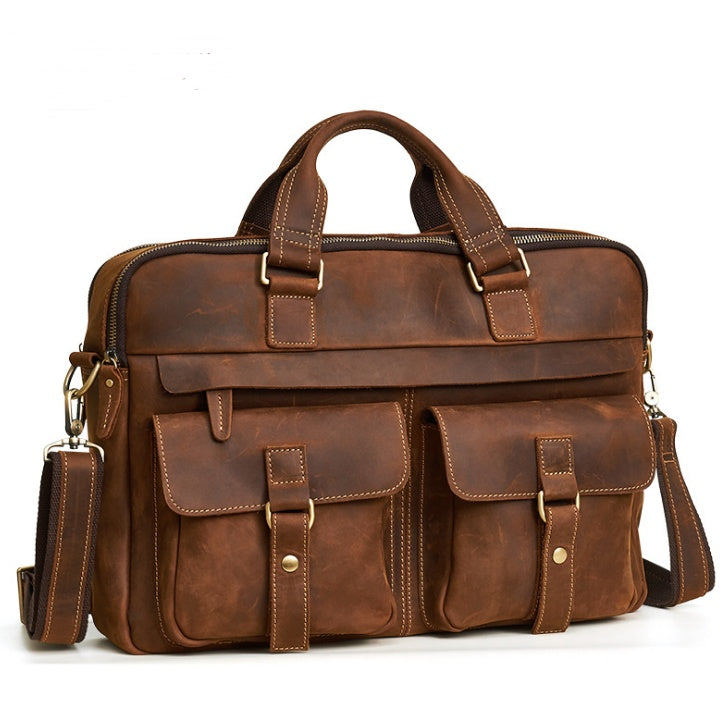 Black genuine men's retro business bag by Agate, featuring classic design and durable material for professional use.