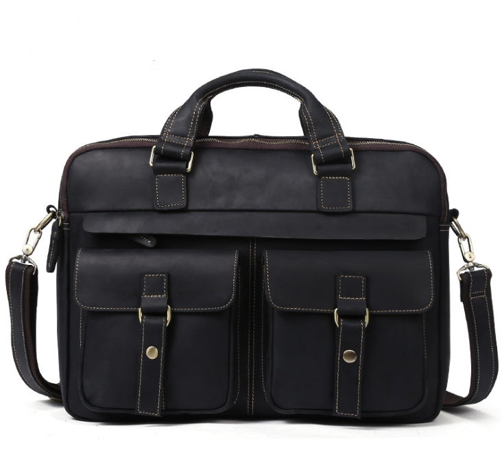 Black genuine men's bag by Agate, retro business bag with sleek design and sturdy handle for professional use.