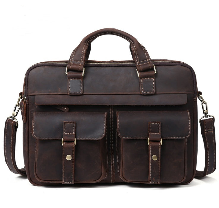 Black genuine men's bag by Agate featuring a retro design, suitable for business or casual use.