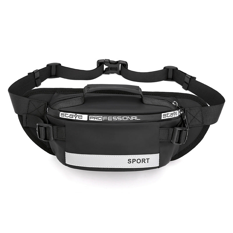 Black reflective waist bag for men by Agate, featuring a crossbody design with adjustable strap and multiple storage compartments.