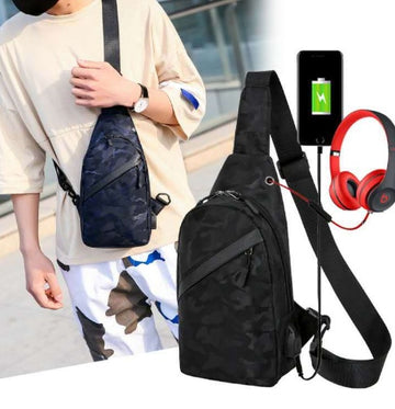 Black camouflage chest bag for men by Agate, crossbody style with a headphone hole and multiple compartments.