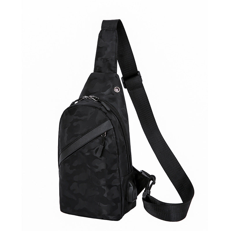 Black camouflage chest bag by Agate featuring a crossbody design and a headphone hole for easy listening on the go.