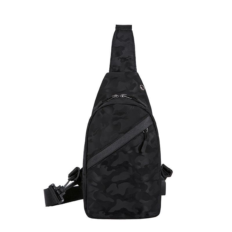 Black camouflage Agate chest bag for men with crossbody strap and headphone hole, designed for convenient carrying.