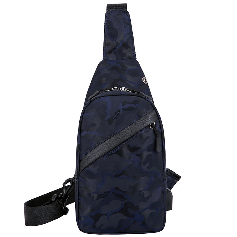 Black camouflage chest bag for men by Agate with crossbody straps and headphone hole for easy listening.