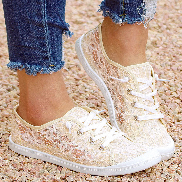 Beige Agate lace flats shoes for women, summer fashion casual shoes with a delicate lace design and comfortable flat sole.