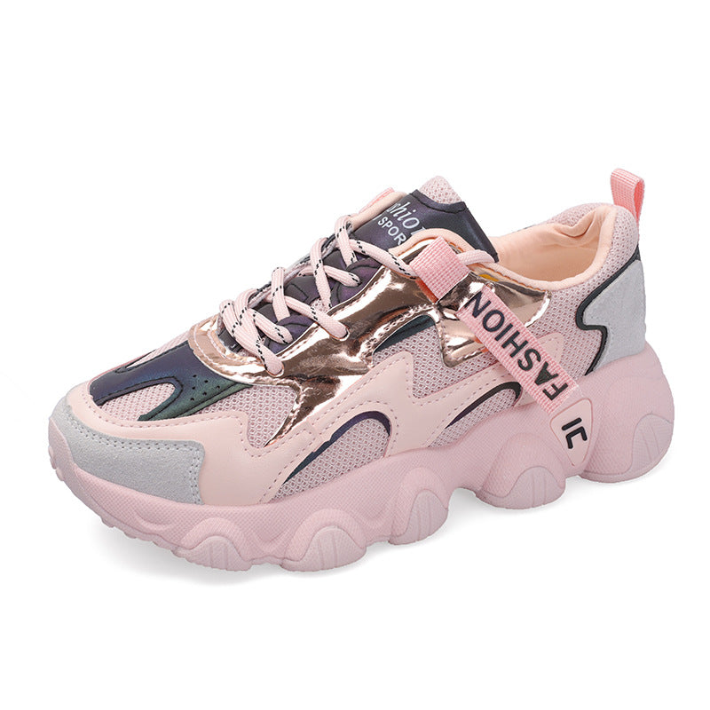 Beige women's casual sports shoes by Agate with thick soles and breathable net yarn upper, perfect for everyday wear.