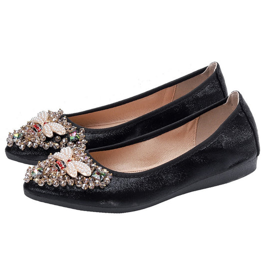 Black Agate rhinestone single shoes for women, casual Korean student style, featuring sparkling rhinestone embellishments.