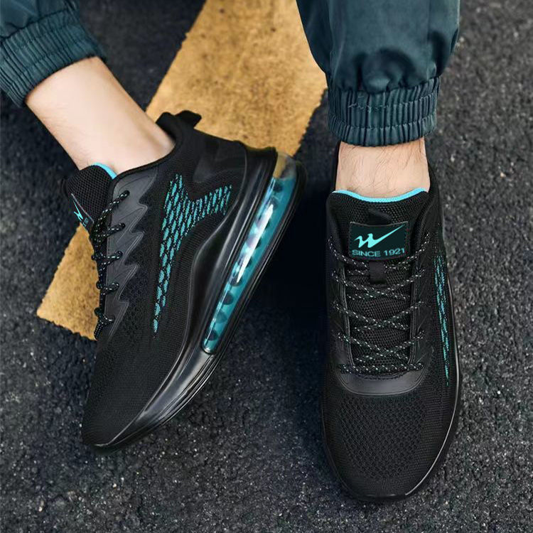 Black and blue mesh slip-on Agate men's sport sneakers with air cushions, casual design, and height-increasing features.