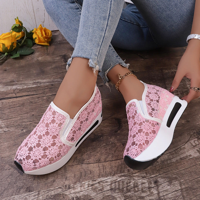 Pink Agate lace mesh flats for women with inner heightened platform, casual shoes with a stylish and comfortable design.