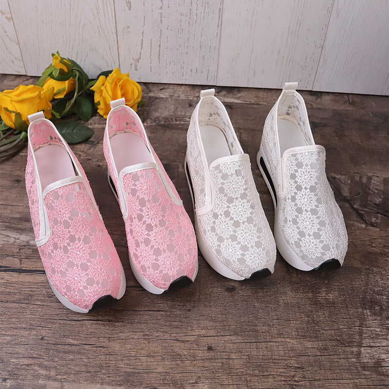 Pink Agate lace mesh women's flats with inner heightened platform and casual design, featuring comfortable, stylish shoe silhouette.