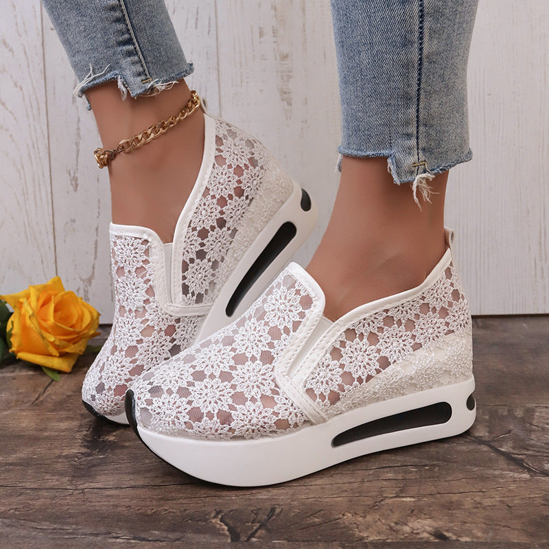 Agate pink lace mesh women's flats with inner heightened platform, casual shoes with a stylish, comfortable design.