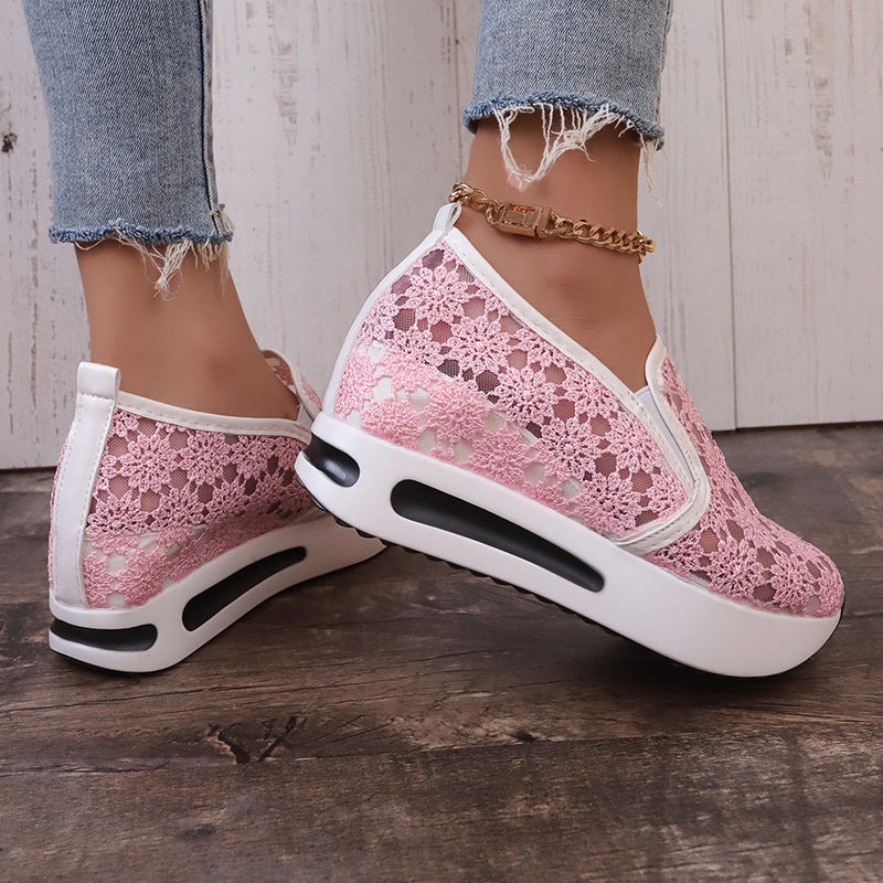 Pink Agate lace mesh women’s flats with inner heightened platform, casual shoes featuring a stylish and comfortable design.