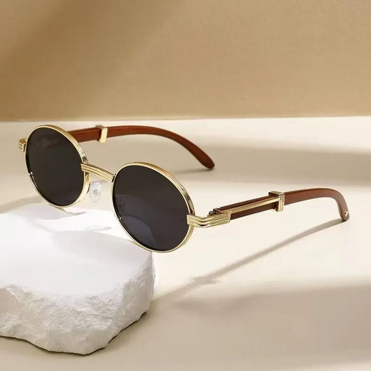 Metal Oval-frame Sunglasses With A Wood-grain Finish - Alvionz.de