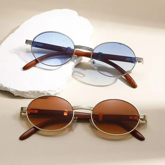Metal Oval-frame Sunglasses With A Wood-grain Finish - Alvionz.de