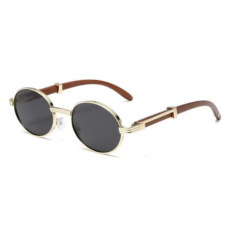 Metal Oval-frame Sunglasses With A Wood-grain Finish - Alvionz.de