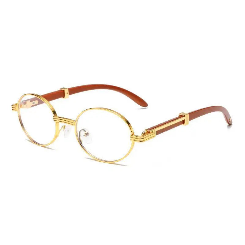 Metal Oval-frame Sunglasses With A Wood-grain Finish - Alvionz.de