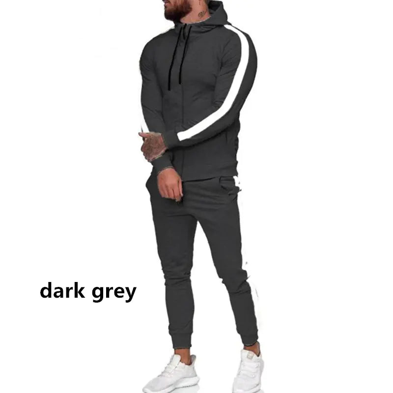 Black and white men's hooded zip-up athletic tracksuit set by Alvionz.de, featuring a comfortable fit and sporty design.