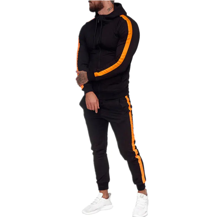 Men's black and white hooded zip-up athletic tracksuit set by Alvionz.de, featuring a comfortable fit and sporty design.