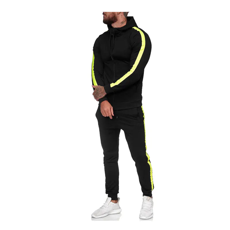 Men's black and white hooded zip-up athletic tracksuit set by Alvionz.de, featuring a comfortable fit and sporty design.